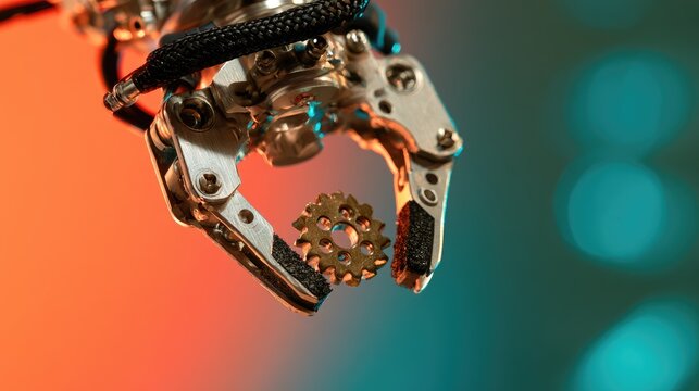 Robotic claw precisely grips small, intricate metallic gear against a blurred, colorful background
