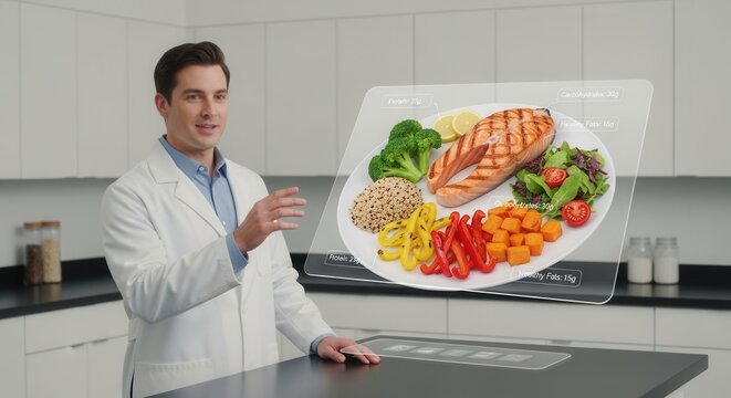 Nutritionist using futuristic holographic display to analyze healthy meal with salmon, quinoa, and vegetables
