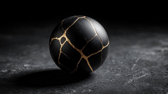 Abstract black matte sphere with golden kintsugi cracks sits on dark textured stone. Luxury geometric object features gold veins, broken repair art. Minimalist zen concept design for premium