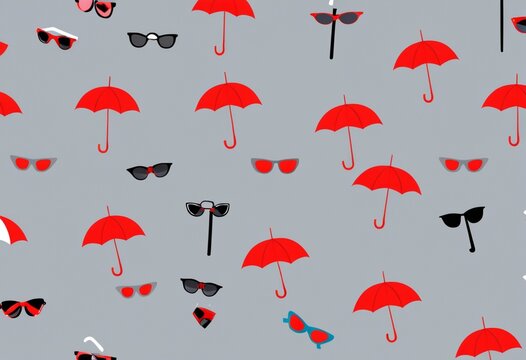 Seamless pattern of colorful sunglasses icons on grey background, summer fashion design element