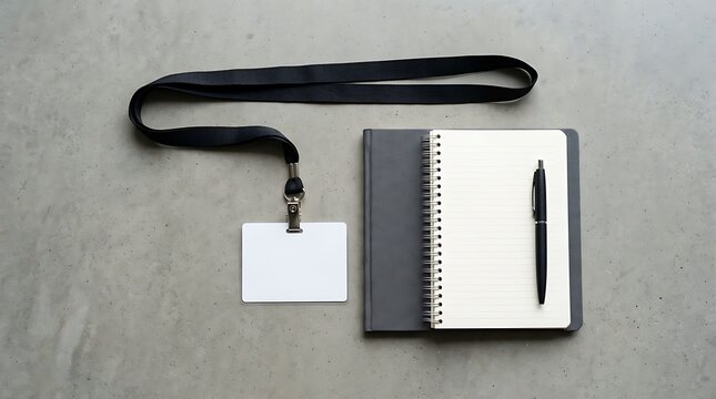 Blank ID badge lanyard with a spiral notebook and pen on concrete background