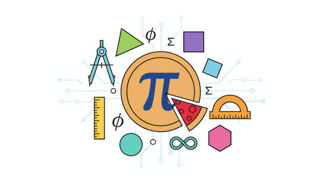Pi day mathematical background with mathematical symbols, pi constant, compass, ruler, and pie slice.