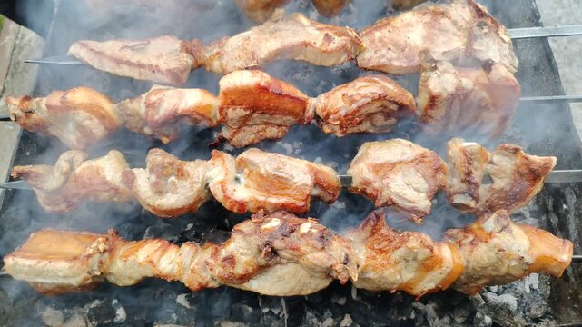 Barbecue on the fire. Delicious shashlik meat grilling on skewers over hot coals. Grilled shish kebab. Barbecue in the smoke