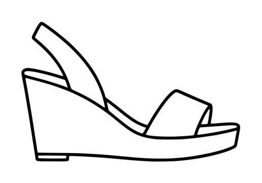 Hand-drawn vector illustration of a sleek wedge sandal featuring an elegant ankle strap and elevated platform sole, rendered in minimalist black outline style for fashion and footwear design projects