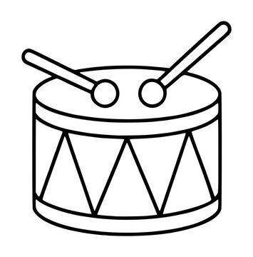 Hand-traced vector icon illustration of a classic toy drum with crossed drumsticks, featuring zigzag lacing on the cylindrical shell, outlined in a vintage sketch style