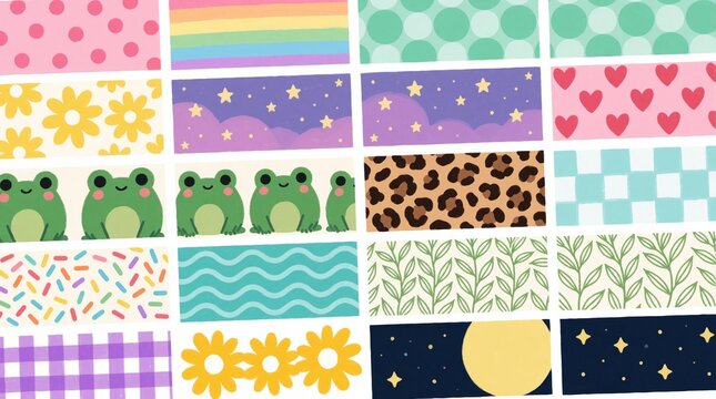 Collection of cute decorative tape patterns with frogs, flowers, hearts, and polka dots. Includes rainbows, stars, leaves, and leopard print designs for crafting.