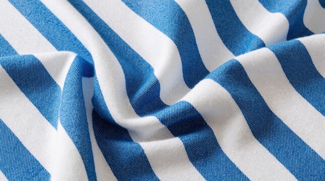 Close up of blue, white striped cotton fabric texture. Wavy textile material shows zigzag pattern on soft cloth surface. Natural eco friendly linen cloth suitable for beach towel, tablecloth blanket