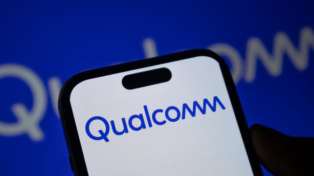 Qualcomm brand logo on smartphone screen over white background representing mobile technology and hardware manufacturing.