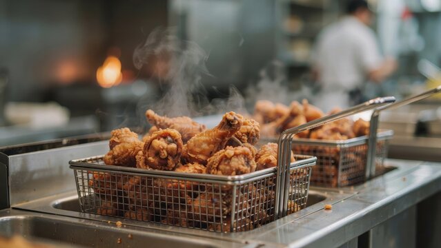 Fresh crispy fried chicken steaming in a wire basket in a commercial restaurant kitchen. Perfect for food service industry marketing and restaurant menu visuals.
