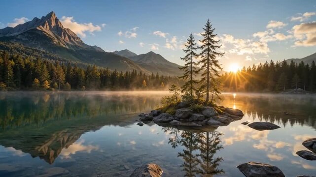 Serene mountain lake at sunrise with pine trees on small island and morning mist reflecting in calm water
