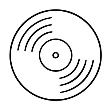 Hand-traced vector illustration of a classic spinning vinyl record with grooved disc and central label, minimalist black line art icon design on transparent background, music nostalgia symbol