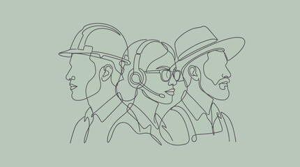 Fototapeta premium Continuous Line Art Illustration of Diverse Professionals Including Construction Worker, Customer Support Agent, and Farmer Representing Labor Force and Essential Workers on Green Background