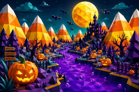 Whimsical Halloween Landscape with Candy Corn Mountains and Pumpkin River halloween background hallo