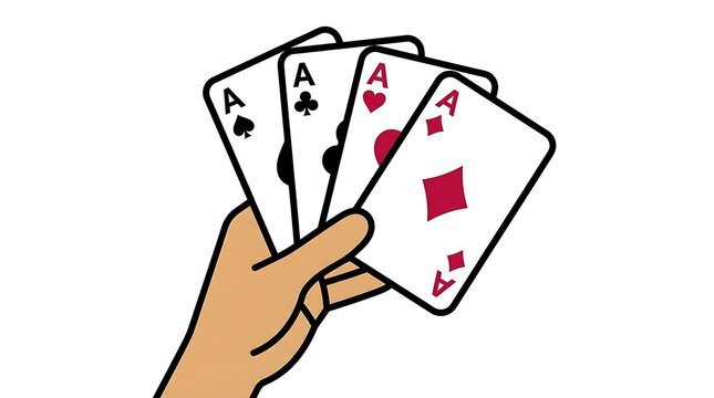 Four aces playing cards held in hand, winning poker hand illustration, gambling and casino gaming concept on white background
