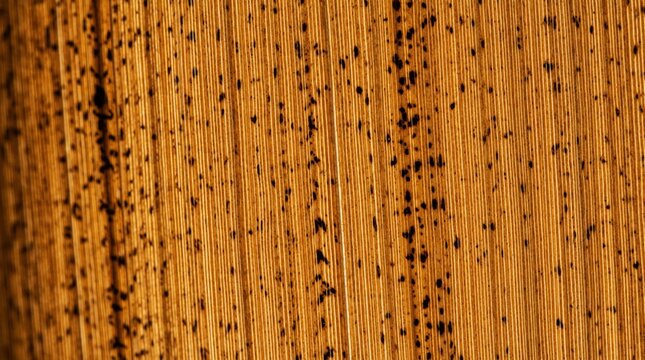 Macro view of dry reed texture. Golden brown phragmites blade shows detailed linear patterns, fine parallel lines. Organic plant surface dark speckles, mottled spots. Natural botanical background
