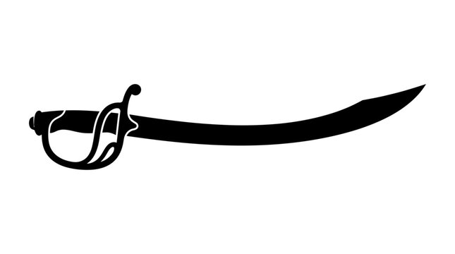 Black curved saber sword silhouette isolated on white background.