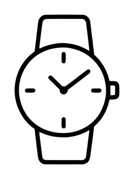 Minimalist hand drawn vector illustration of a classic round analog wristwatch icon with simple hour markers and watch hands on a clean white background, perfect for time and lifestyle graphics