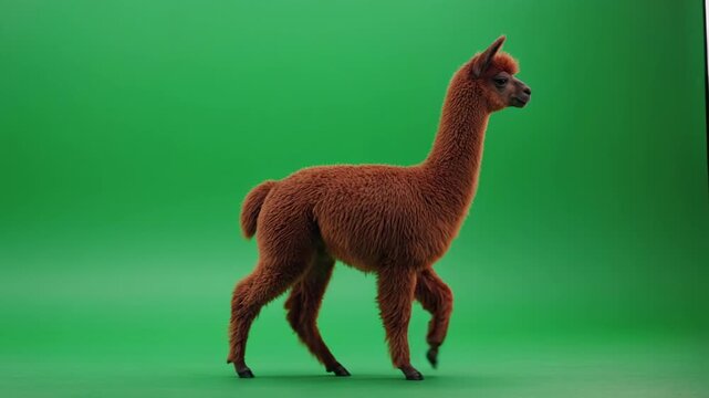 Alpaca walking gracefully on a vibrant green background with subtle cinematic motion for commercial use