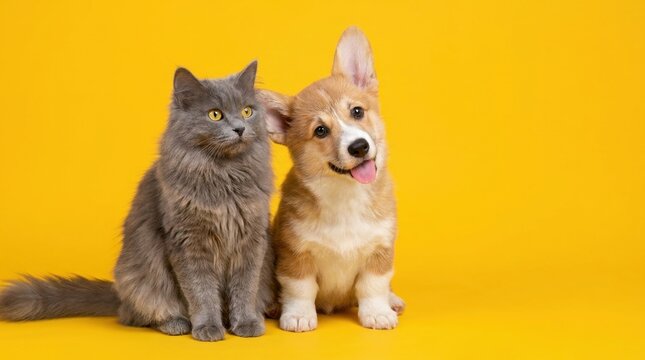 Cute fluffy cat and happy corgi puppy sitting together on a bright yellow background.