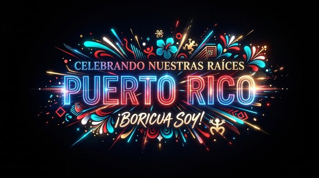 Puerto Rico neon sign celebration with Boricua typography, Taino symbols, and colorful glowing light bursts for Hispanic Heritage Month.