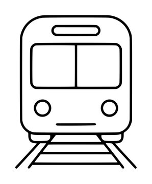 Hand-traced vector icon of a front-facing subway train on tracks, minimalist line art illustration with bold black outlines depicting a passenger rail transit car with windows, headlights, and rails