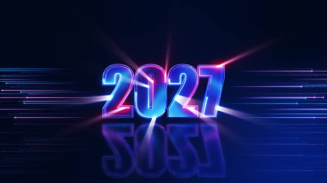 Electric 2027 typography shines chrome neon edges, rays, sleek light lines dark blue. year change reveals, business milestones, innovation promos, countdown intros, cyber events, cinematic footage.
