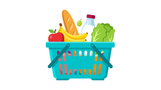 A grocery shopping basket filled with fresh colorful food items in this clean flat vector graphic design