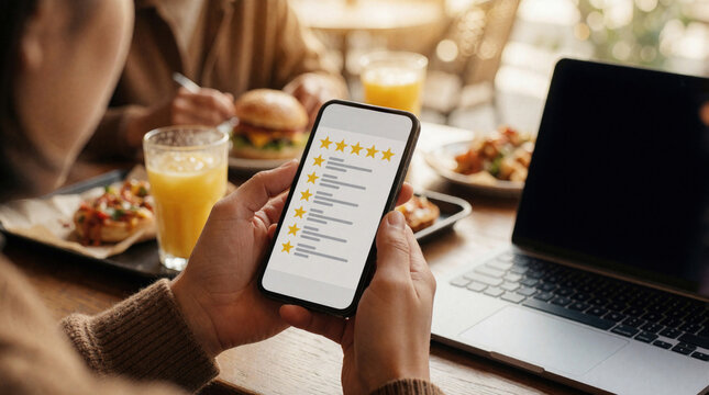 Person checks positive customer reviews on smartphone during meal with laptop nearby. User evaluates service, rating experience on mobile app at cafe table.