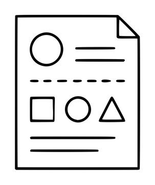 Hand drawn outline document vector icon featuring geometric shapes circle square triangle with horizontal text lines and a folded corner page symbolizing form layout