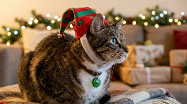 Cute tabby cat wearing a festive elf hat and collar with Christmas lights and gifts in background.