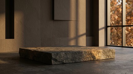 Fototapeta premium Minimalist Stone Podium for Warm Autumn Premium Branding and Product Presentation in Modern Interior