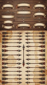 Vintage collection of ornamental scrolls, elegant ribbon banners on rustic wood. Set includes decorative calligraphic dividers, various arrow icons with feathers. Retro design elements for antique