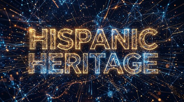 Glowing Hispanic Heritage text with futuristic digital plexus network and particle light background for cultural celebrations.