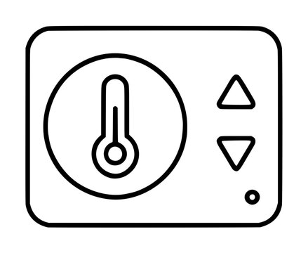 Minimalist vector icon of a thermostat controller with up and down adjustment buttons, hand-drawn outline illustration in simple black line art on white background, perfect for temperature control