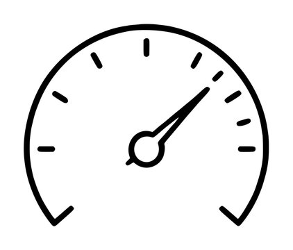 Hand-drawn black outline speedometer vector icon illustration featuring a curved gauge dial with tick marks, indicator needle, and central pivot point, minimalist line art design for dashboards and