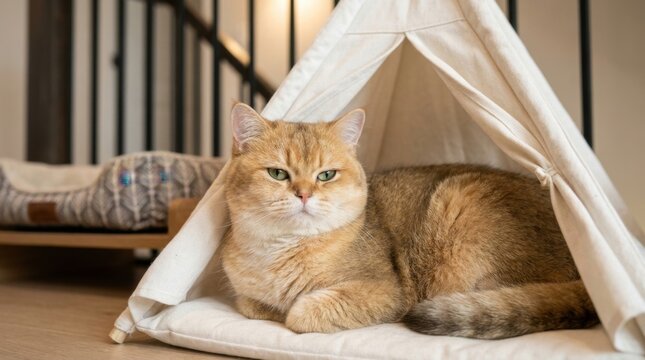 Fluffy British Shorthair Cat Relaxing in a Cozy Tent Indoors.