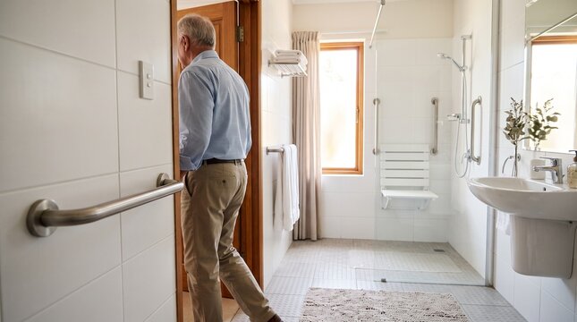 Senior man walking into a bright, accessible bathroom with safety features