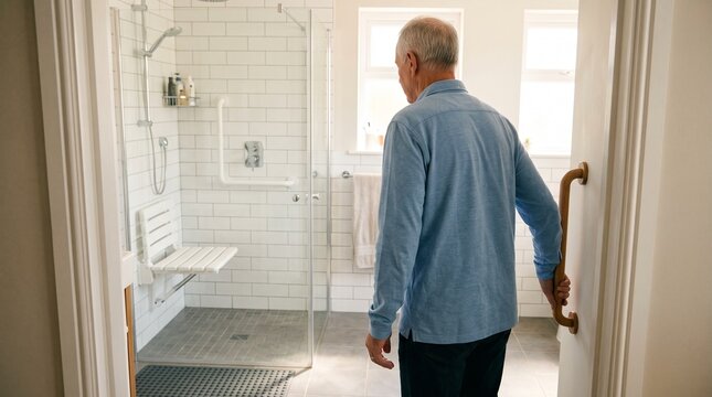 Older man entering a modern accessible bathroom with a walk-in shower
