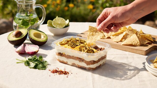 A hand dips a tortilla chip into a layered taco dip outdoors. Perfect for party snack concepts and casual summer gathering advertisements.