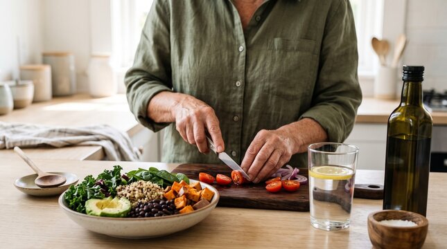 Woman preparing a healthy and vibrant grain bowl lunch