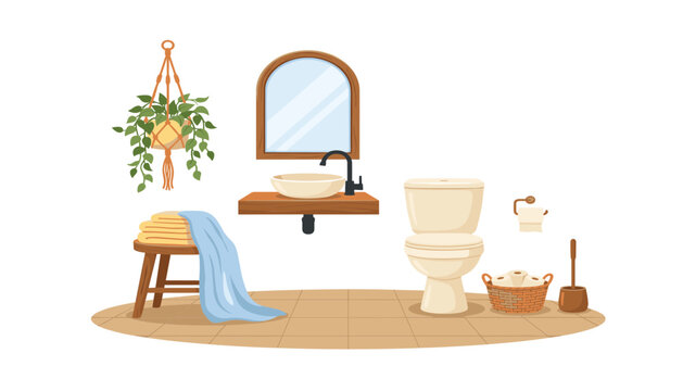 Modern bathroom interior element set . Ceramic toilet bowl, wooden vanity sink mirror, stool towels, potted plant, isolated vector illustration .