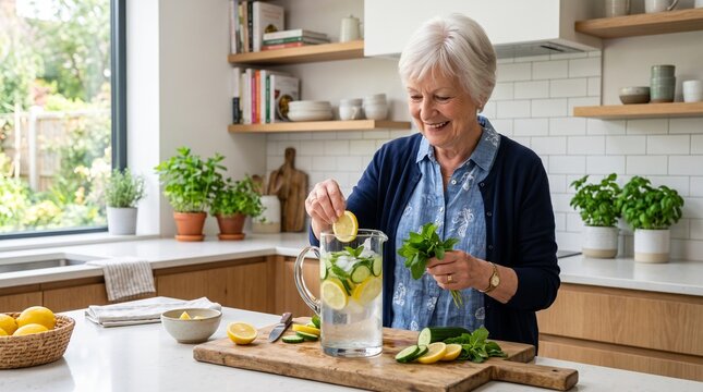 Woman adds fresh mint to infused water pitcher in a bright kitchen