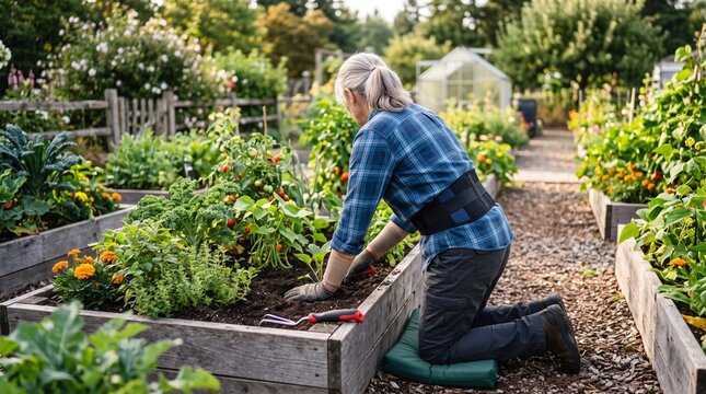 Woman with back support gardening in raised beds outdoors