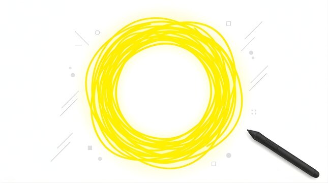 Yellow hand drawn scribble circle frame with digital stylus pen on white