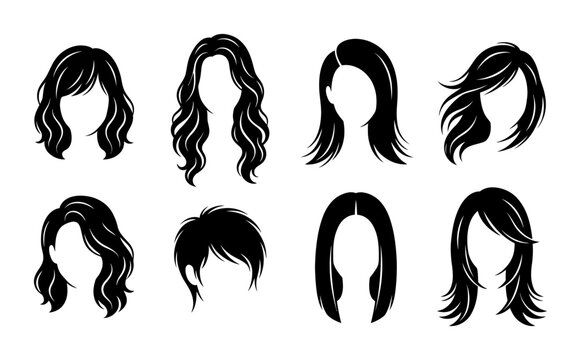 さまざまな女性の髪型とヘアカットのシルエットコレクション