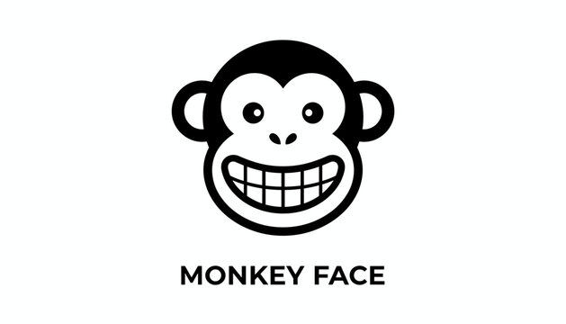 Bold black and white vector icon depicting a friendly smiling monkey face with a happy expression and a toothy grin.
