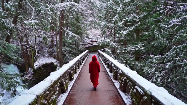 Mysterious Figure in a Red Hooded Cloak Walking Across a Snow-Covered Bridge in a Serene Winter Forest