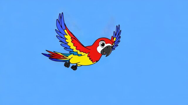 Colorful parrot flying gracefully in clear blue sky with wings spread wide