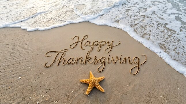 Happy thanksgiving message written in the sand on a beach with a starfish and ocean waves