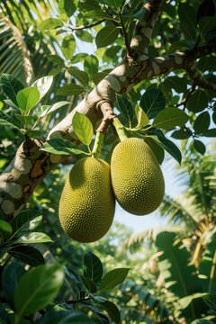 Two green unripe jackfruits hang from thick tree branch in tropical garden. Large exotic fruits grow on plant in sunny jungle plantation. Rich green leaves, foliage surround growing organic food in
